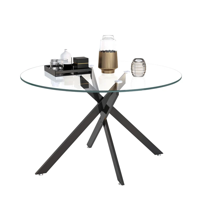 Binrrio Table de salle à manger ronde en verre de 120 cm, table de cuisine moderne pour 6 personnes avec pieds en métal noir, table de salle à manger transparente pour la maison, le bureau, la salle à