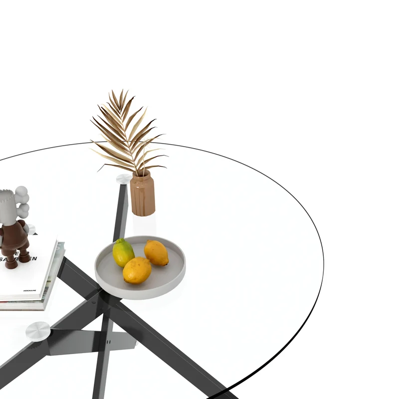 Binrrio Table de salle à manger ronde en verre de 120 cm, table de cuisine moderne pour 6 personnes avec pieds en métal noir, table de salle à manger transparente pour la maison, le bureau, la salle à
