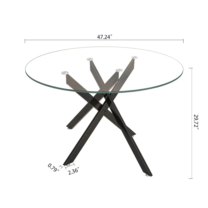 Binrrio Table de salle à manger ronde en verre de 120 cm, table de cuisine moderne pour 6 personnes avec pieds en métal noir, table de salle à manger transparente pour la maison, le bureau, la salle à