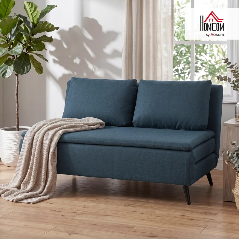 HOMCOM Canapé Convertible 2 Places 3 en 1 Oreillers 135x188cm Bleu