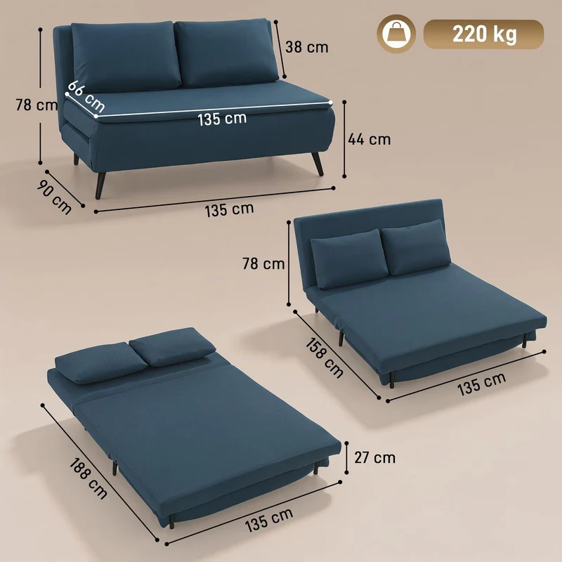 HOMCOM Canapé Convertible 2 Places 3 en 1 Oreillers 135x188cm Bleu