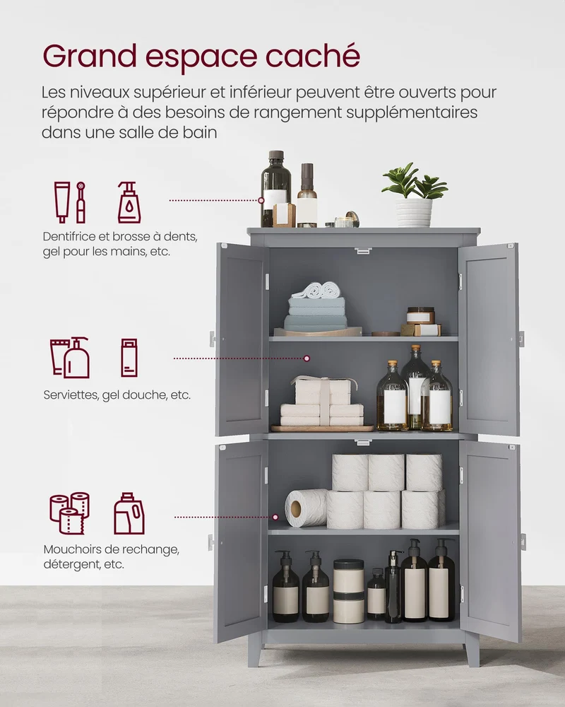 VASAGLE Meuble de Salle de Bain, Armoire de Rangement, 4 Portes