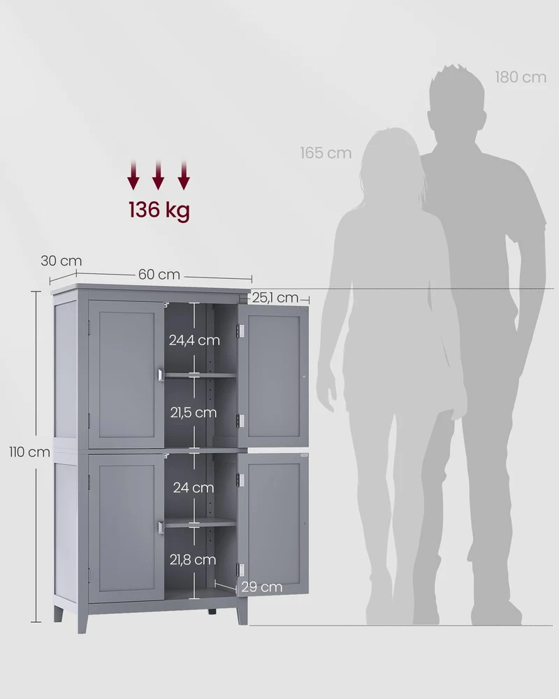 VASAGLE Meuble de Salle de Bain, Armoire de Rangement, 4 Portes