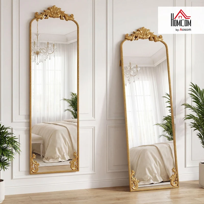 HOMCOM Miroir Pleine Longueur accroché/appuyé Baroque 50x160 cm Ton Or