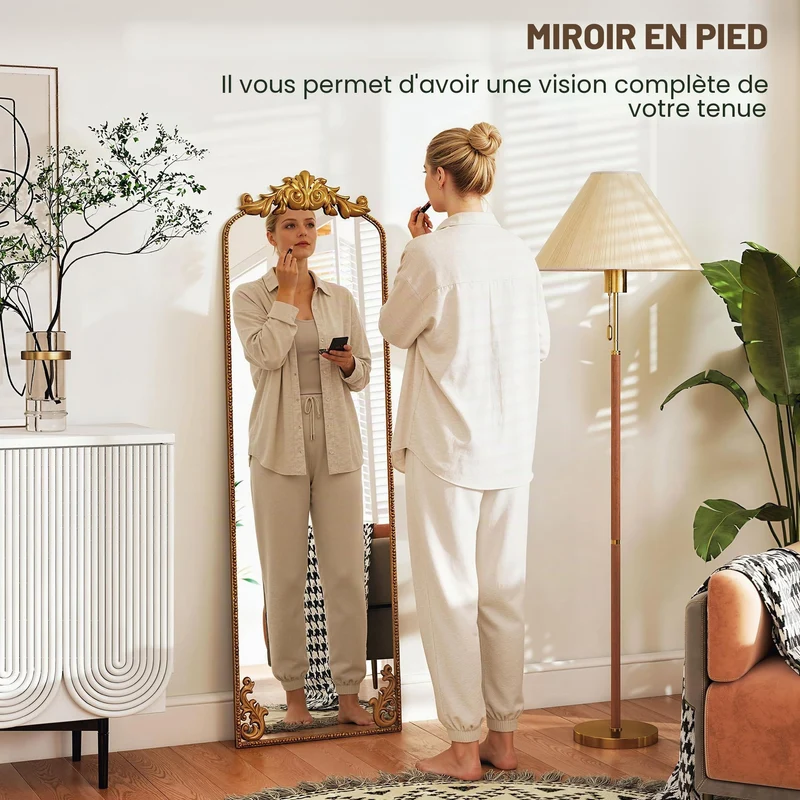 HOMCOM Miroir Pleine Longueur accroché/appuyé Baroque 50x160 cm Ton Or