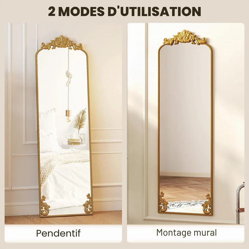 HOMCOM Miroir Pleine Longueur accroché/appuyé Baroque 50x160 cm Ton Or