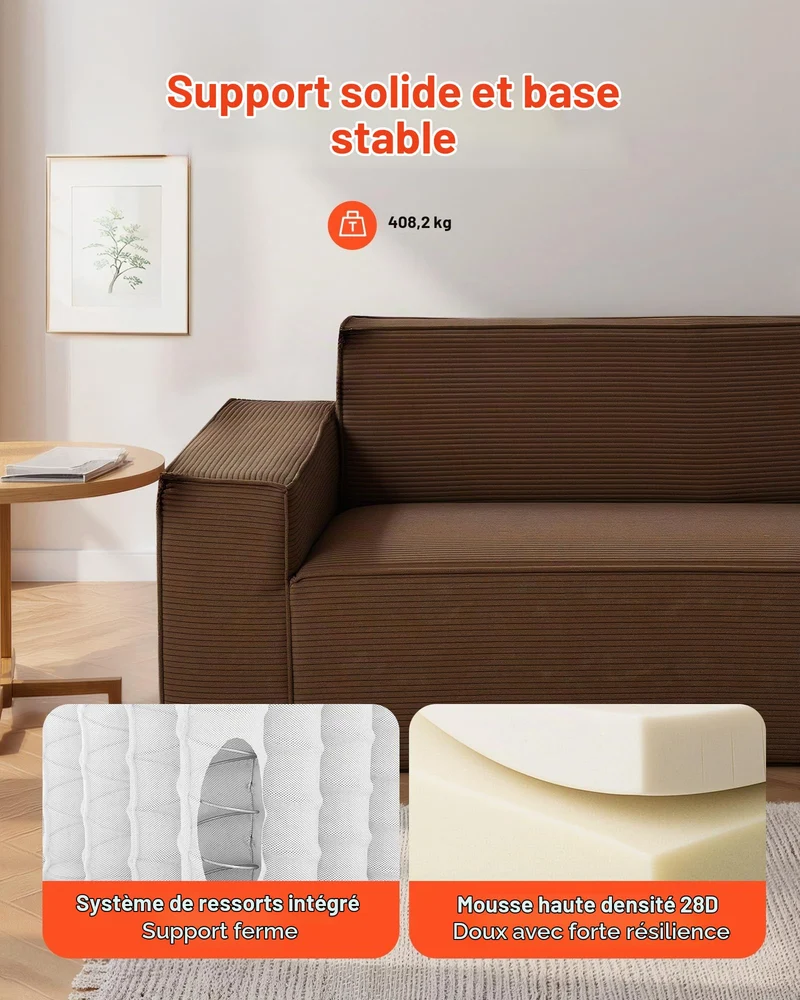VEVOR Canapé Moderne 2110 mm, canapé Nuage Confortable en Velours côtelé avec assises Profondes, Grand Sofa de Salon Moelleux avec Larges accoudoirs, pour Chambre, Appartement et Bureau, Marron