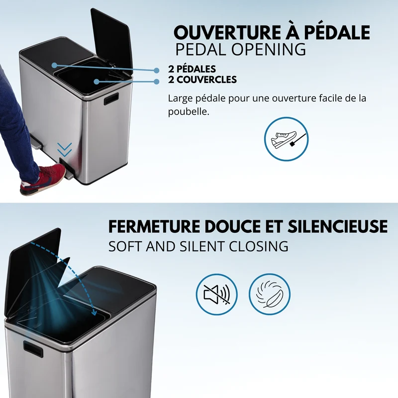 Poubelle de cuisine à pédale tri sélectif grande capacité 60L (2x30L) MAJOR en acier Inox