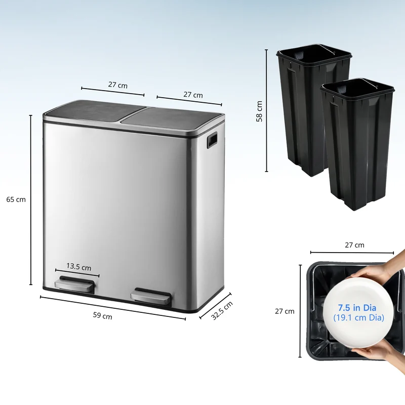 Poubelle de cuisine à pédale tri sélectif grande capacité 60L (2x30L) MAJOR en acier Inox