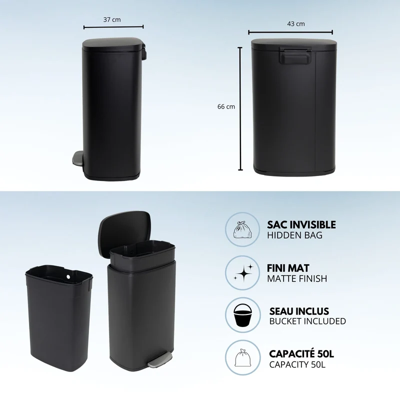 Poubelle de cuisine à pédale 50L Design ADMIRAL Noir mat en acier Inox avec seau et fermeture douce