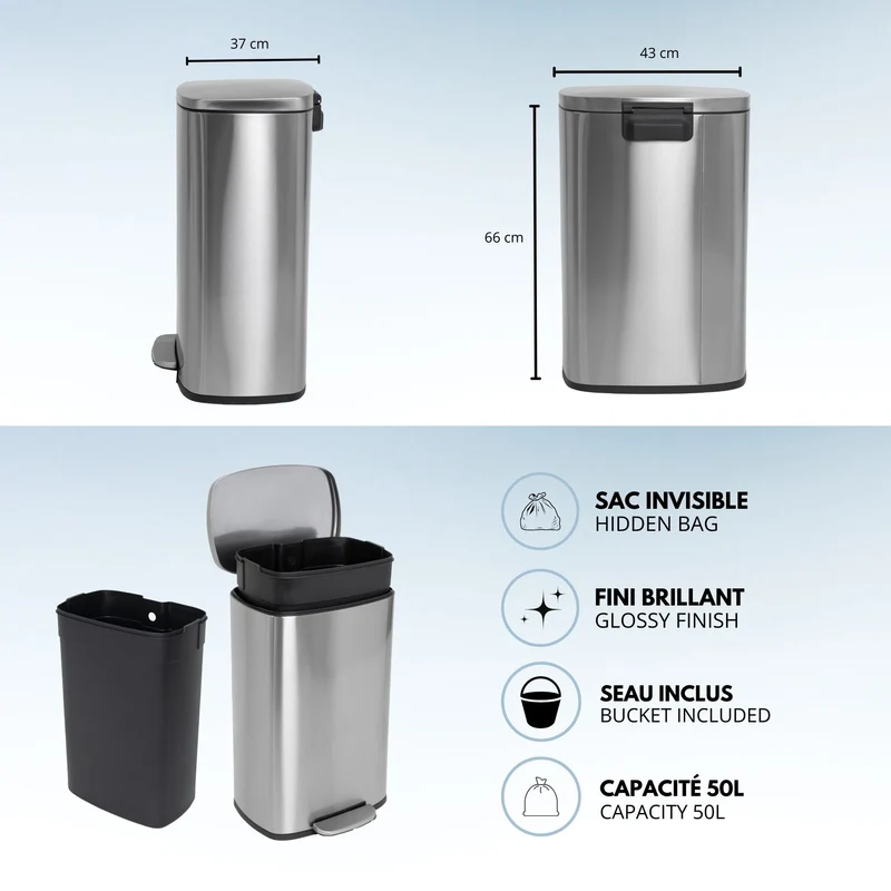 Poubelle de cuisine à pédale 50L Design ADMIRAL en acier Inox brossé avec seau et fermeture douce
