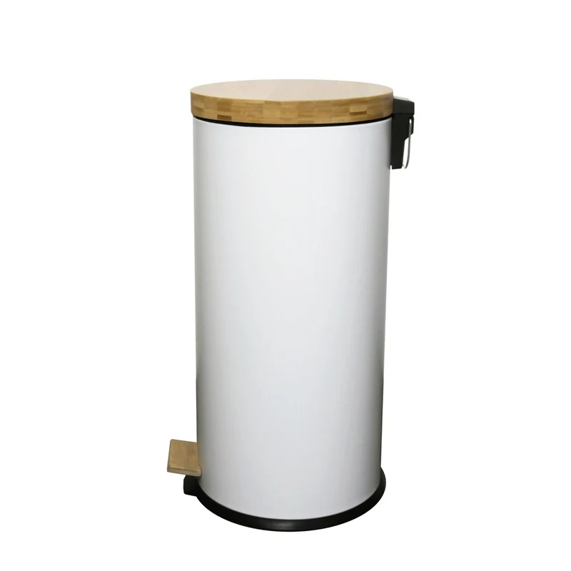 Poubelle bois de cuisine à pédale 30L Naturel FOREST Blanc en acier Inox couvercle en bambou avec seau