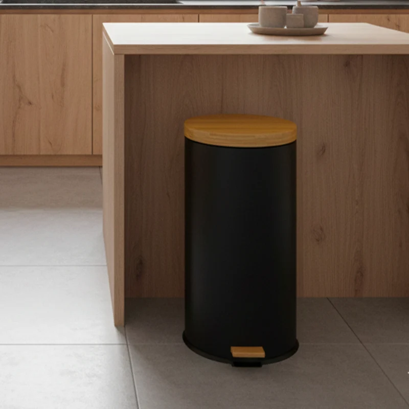 Poubelle bois de cuisine à pédale 30L Naturel FOREST Noir en acier Inox couvercle en bambou avec seau