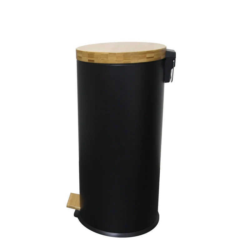 Poubelle bois de cuisine à pédale 30L Naturel FOREST Noir en acier Inox couvercle en bambou avec seau