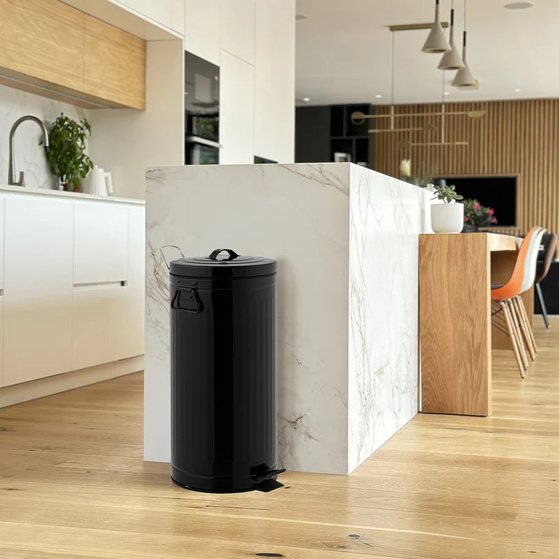 Poubelle de cuisine à pédale 30L Vintage BROOKLYN Noir en acier Inox avec seau