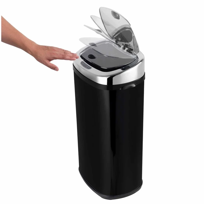 Poubelle de cuisine automatique 42L LARGO Noir brillant en acier INOX avec cerclage