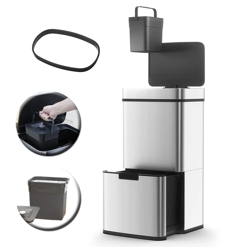 Poubelle De Cuisine Automatique Tri Sélectif Double Compartiment 75l NARVIK En Acier Inox Recyclage Grande Capacité Et Poubelle De Table 3l