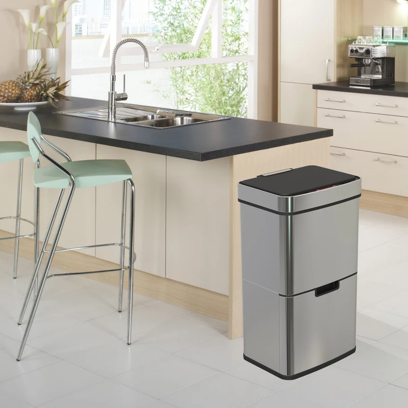 Poubelle De Cuisine Automatique Tri Sélectif Double Compartiment 75l NARVIK En Acier Inox Recyclage Grande Capacité Et Poubelle De Table 3l