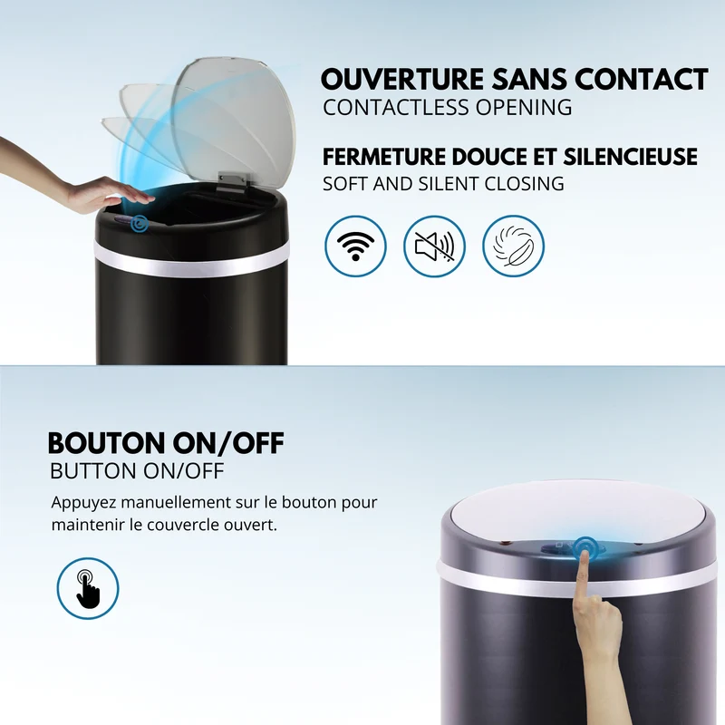 Poubelle de cuisine automatique 42L SOHO Noir mat en acier INOX avec cerclage