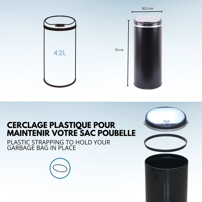 Poubelle de cuisine automatique 42L SOHO Noir mat en acier INOX avec cerclage