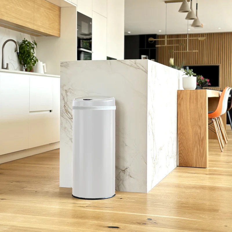 Poubelle de cuisine automatique 42L SOHO Blanc en acier INOX avec cerclage