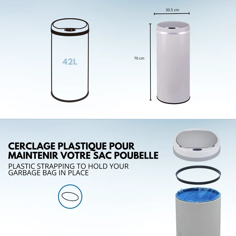 Poubelle de cuisine automatique 42L SOHO Blanc en acier INOX avec cerclage