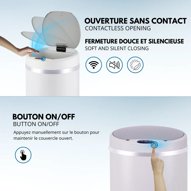 Poubelle de cuisine automatique 42L SOHO Blanc en acier INOX avec cerclage