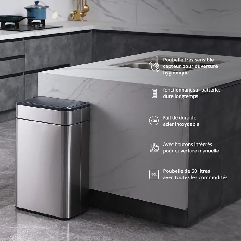 Poubelle Smart Sensor 60L argent