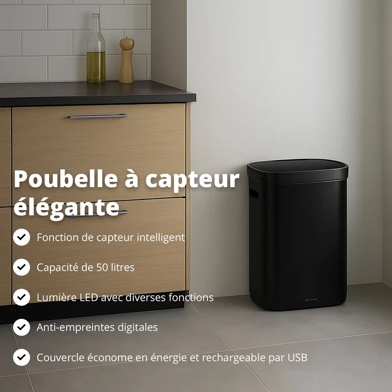 Poubelle Mira avec couvercle à fermeture douce et voyant d'état LED 50 litres Noire