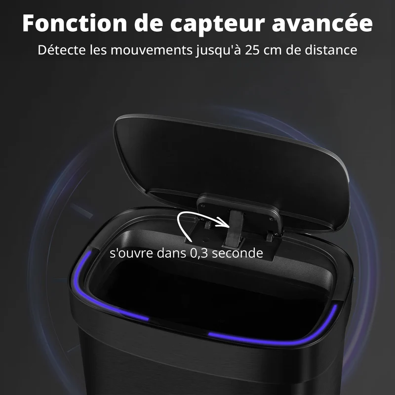 Poubelle Mira avec couvercle à fermeture douce et voyant d'état LED 50 litres Noire