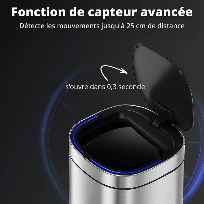 Poubelle Velo avec couvercle à fermeture douce et voyant d'état LED 50 litres Argent
