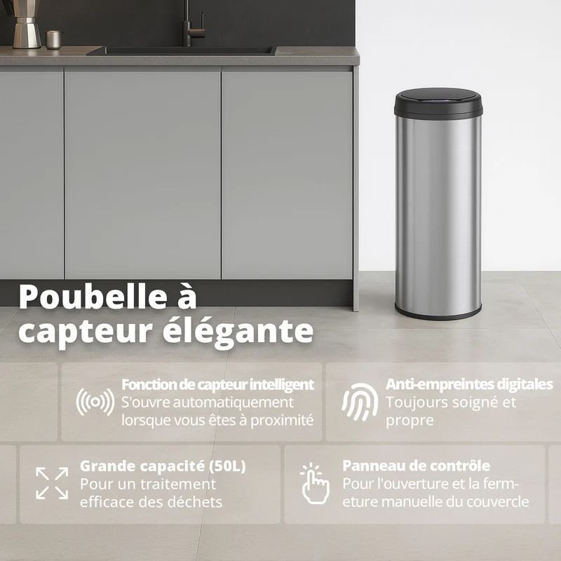Poubelle 50 L automatique Argent