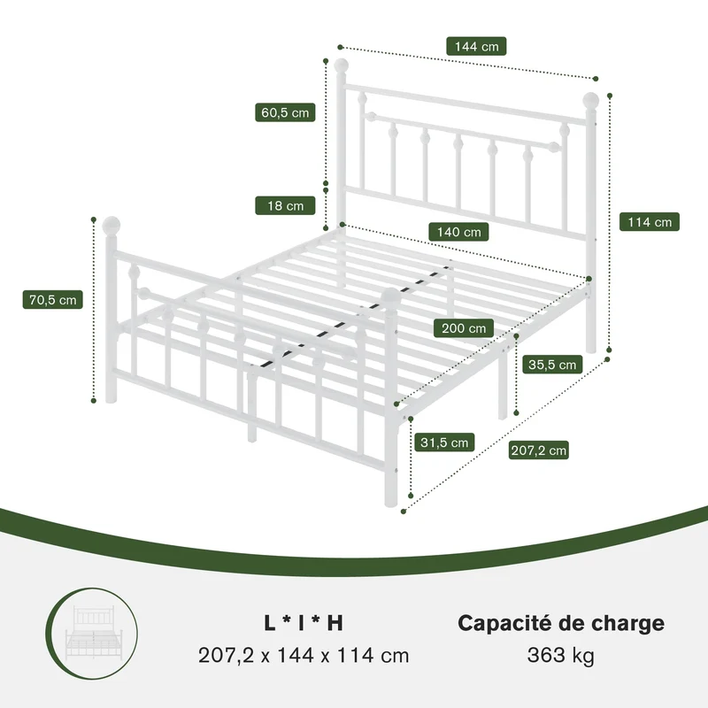 MUTICOR Lit métal 140x200 cm avec tête et Pied de lit, Rangement, Blanc