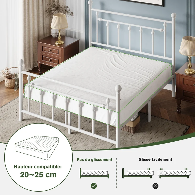MUTICOR Lit métal 140x200 cm avec tête et Pied de lit, Rangement, Blanc