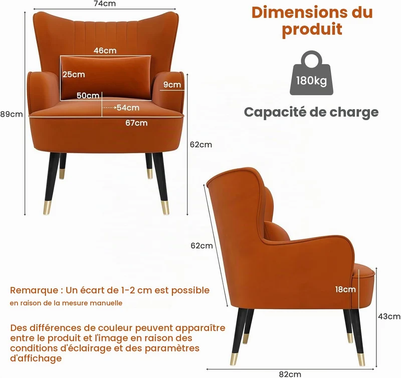 Vesgantti Fauteuil en Velours, Fauteuil à Oreilles pour Salon - Orange