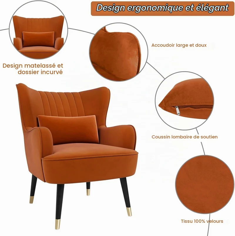 Vesgantti Fauteuil en Velours, Fauteuil à Oreilles pour Salon - Orange