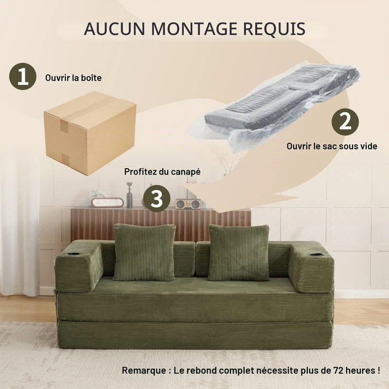 KOMHTOM Canapé-Lit Convertible Modulaire en Velours Côtelé, Canapé 3 Places, DIY Libre, Structure Métal, Porte-Gobelet et Rangement pour Petit Espace et Salon (Vert)
