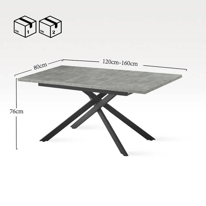 B&D home Table à manger LARS, extensible 120-160 x 80 cm, 4-6 personnes Table de cuisine Table en bois avec structure en croix noir pour cuisine, salle à manger, design industriel moderne, marbre-noir