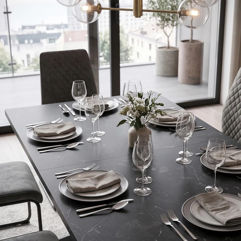 B&D home Table à manger LARS, extensible 120-160 x 80 cm, 4-6 personnes Table de cuisine Table en bois avec structure en croix noir pour cuisine, salle à manger, design industriel moderne, marbre-noir