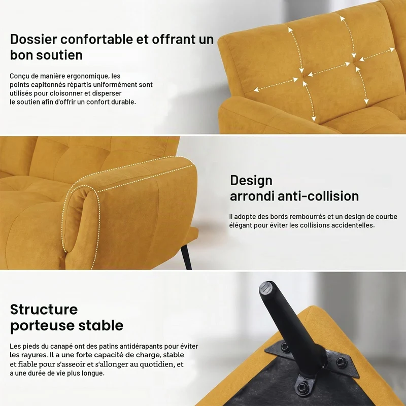 JIEXI Canapé 2 Places, dossiers réglables, 152 cm, Convient pour Salon, Bureau, Chambre, Salon, Chambre à Coucher, Jaune