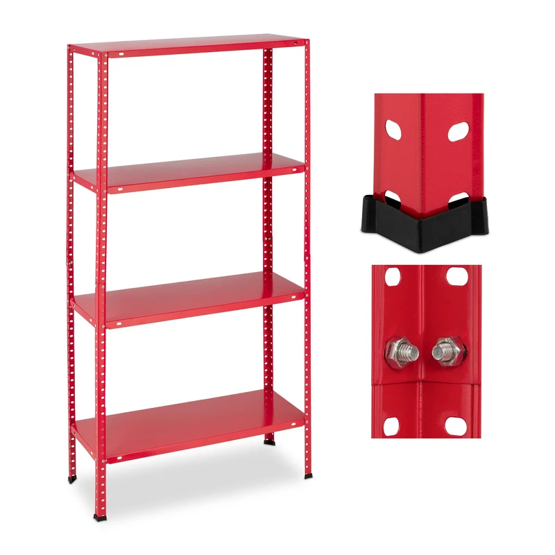 Relaxdays Étagère Charge Lourde, Max. 160 kg, 4 Niveaux, HxLxP:147,5x75,5x30,5 cm, Cave & Garage, Rangement métal, Rouge