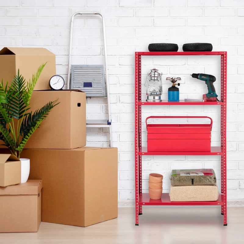 Relaxdays Étagère Charge Lourde, Max. 160 kg, 4 Niveaux, HxLxP:147,5x75,5x30,5 cm, Cave & Garage, Rangement métal, Rouge