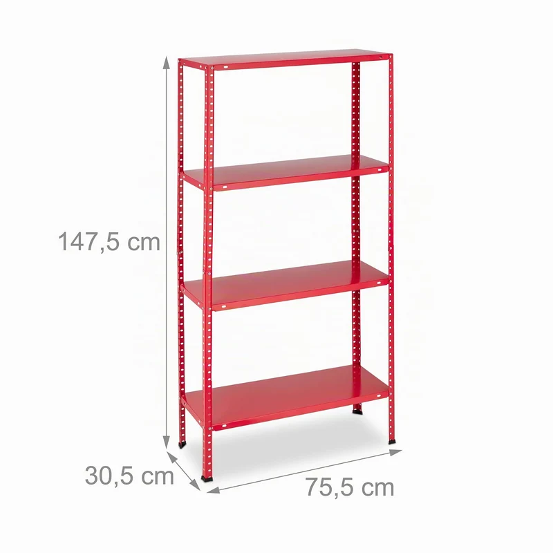 Relaxdays Étagère Charge Lourde, Max. 160 kg, 4 Niveaux, HxLxP:147,5x75,5x30,5 cm, Cave & Garage, Rangement métal, Rouge