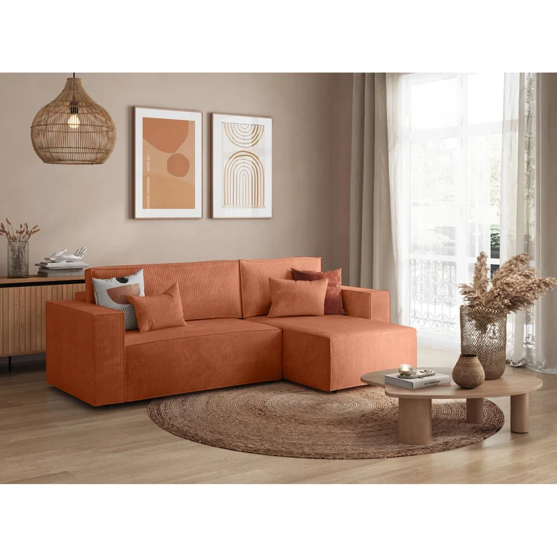LOUNGITUDE - Canapé d'angle Convertible réversible avec Coffre en Velours côtelé Terracotta