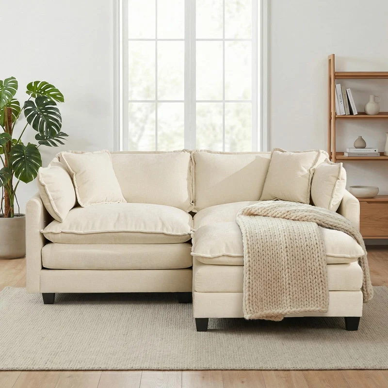 Canapé modulable 2 places L 198 cm, chenille beige, double coussins
