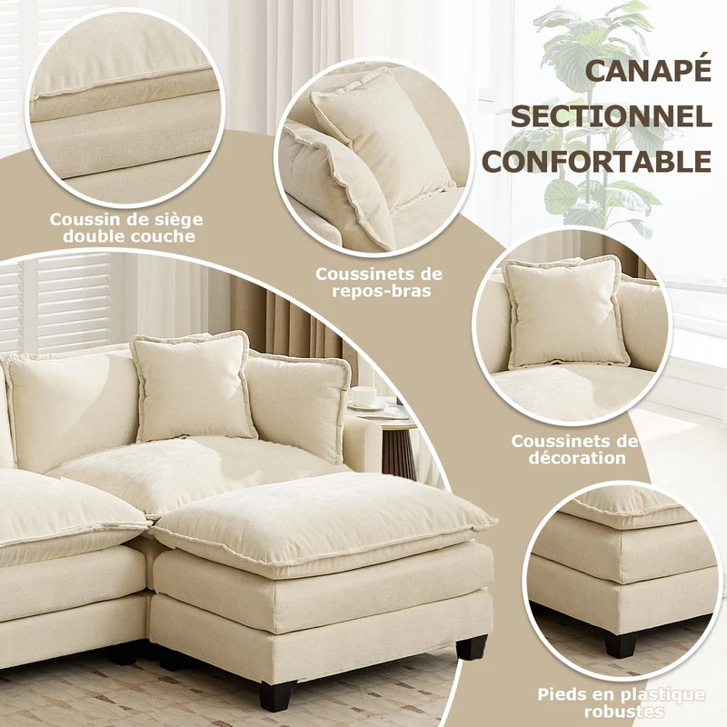 Canapé modulable 2 places L 198 cm, chenille beige, double coussins