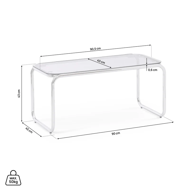 Sicaan Table Basse rétro 90cm Verre trempé Noir et Structure chromée Amaya