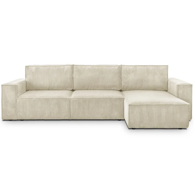HOMIFAB Canapé d'angle Convertible réversible 5 Places avec Coffre de Rangement en Velours côtelé Beige - Harper