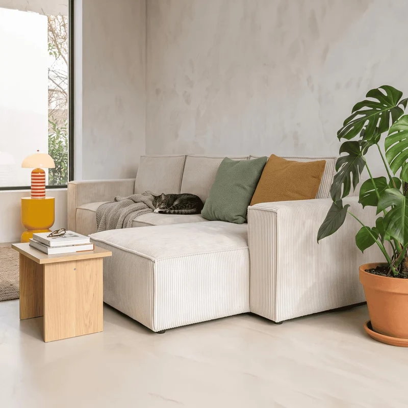 HOMIFAB Canapé d'angle Convertible réversible 5 Places avec Coffre de Rangement en Velours côtelé Beige - Harper