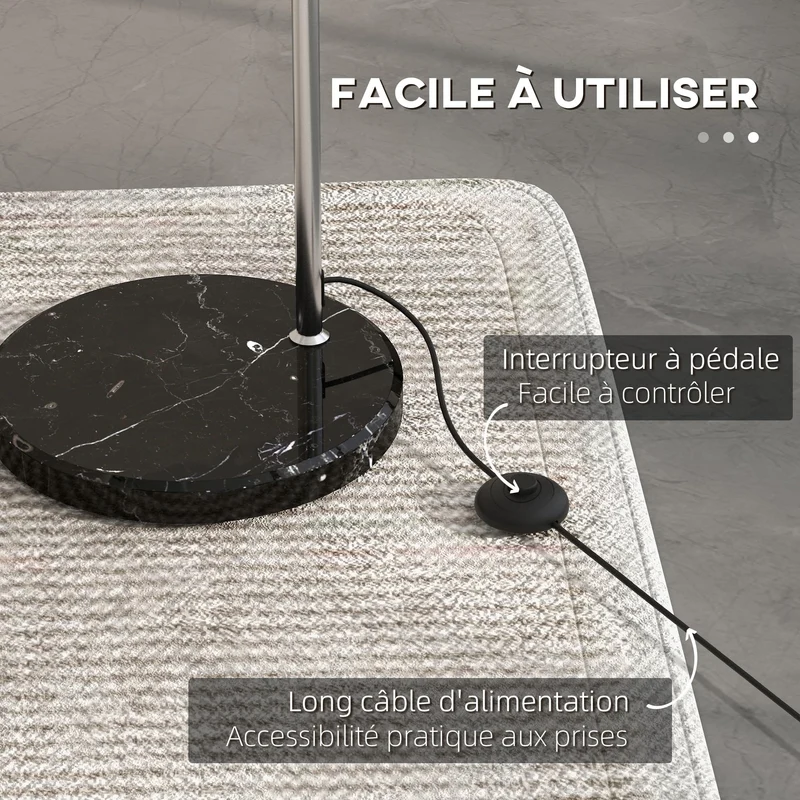 HOMCOM Lampadaire sur Pied Marbre 40W E27 Longueur 110-115 cm Noir Gris